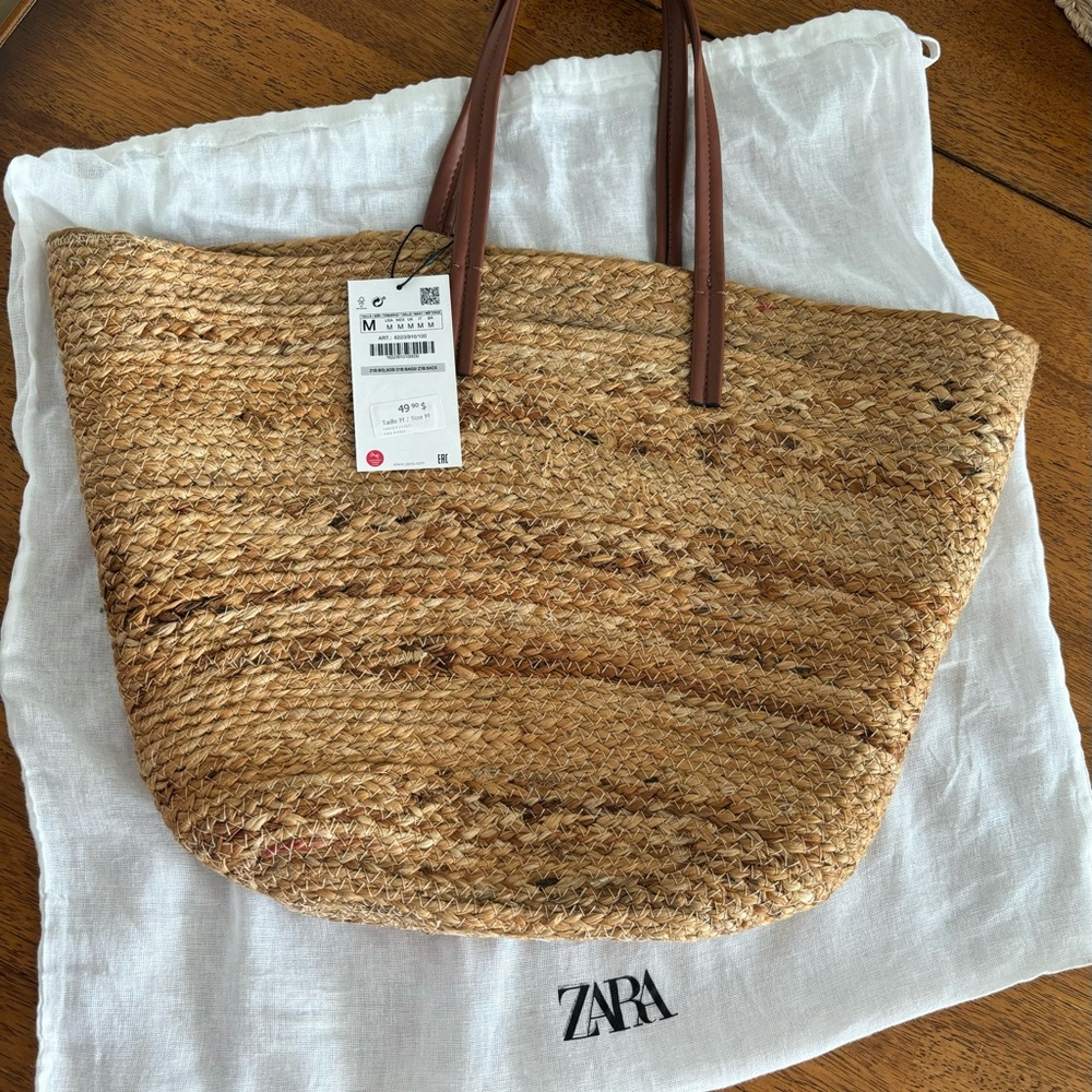 Zara Tan Woven Tote Bag